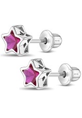 lovely silver dark pink cubic zirconia star shaped baby birthstone earrings